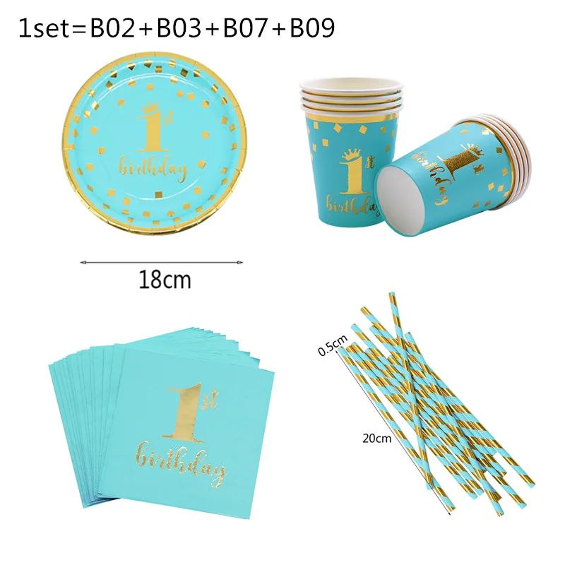blueT03 1st Birthday Party Supplies Pink Blue Paper Plates Cups Straws Disposable Tableware Banner Gender Reveal Baby Shower Party Decor - Цвет: blueT03