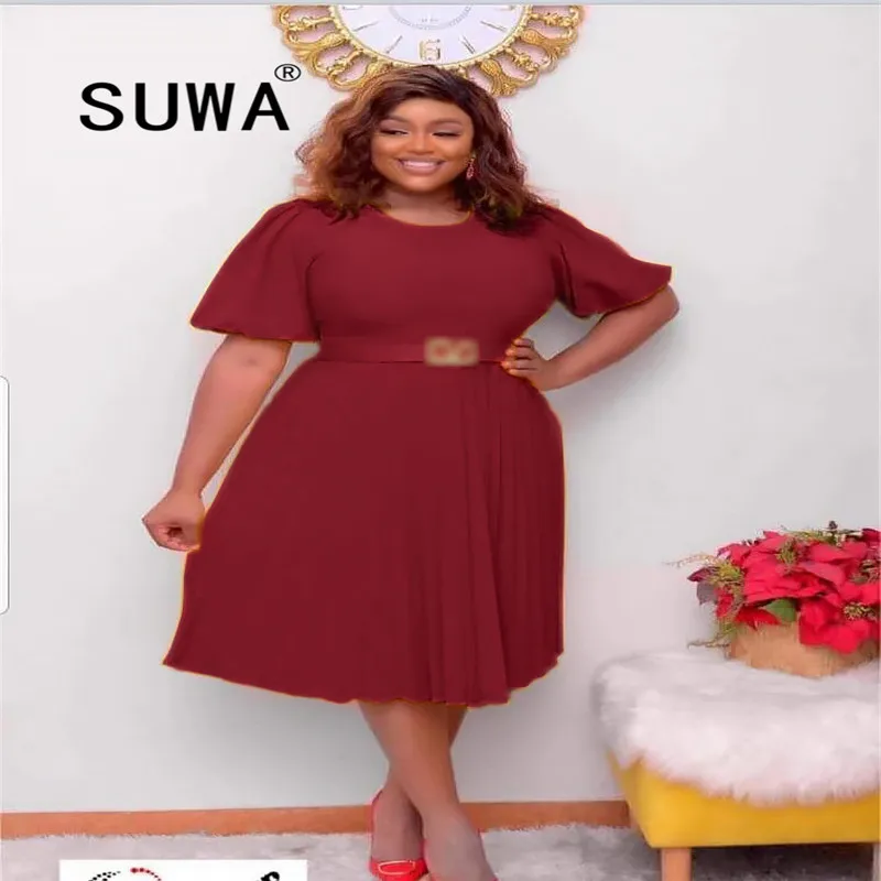 

Women Elegant A Line Party Dress Summer Solid Color Button O Neck Midi Women Dress Short Sleeve Office Ladies Pleated Dresses