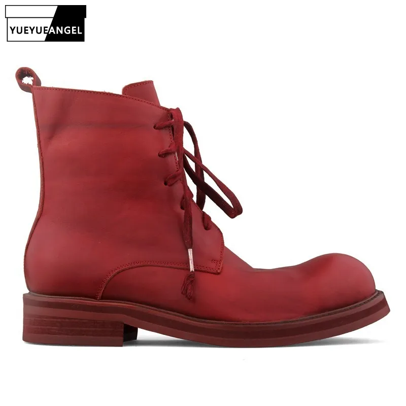 

Vintage Lace Up Men Work Safety Boots Luxury Designer Genuine Leather White Combat Biker High-Top Boots Winter Platform Booties