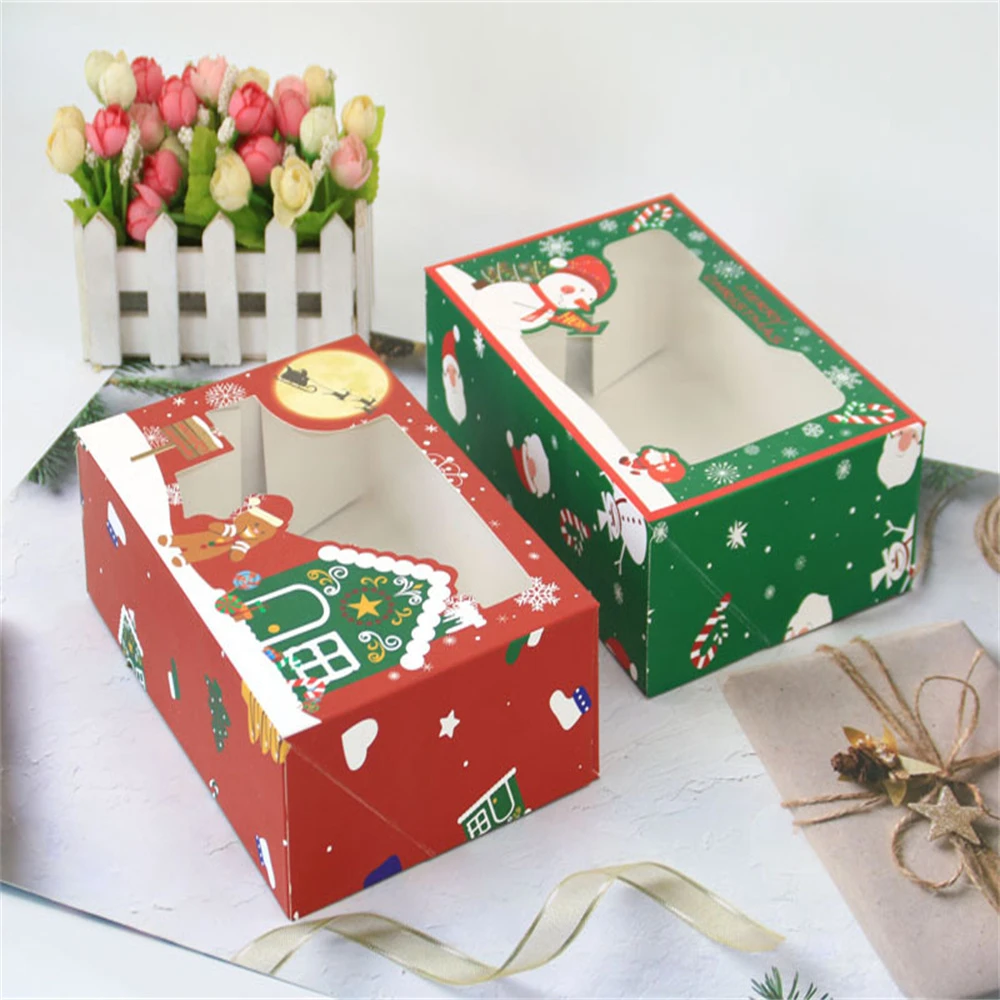 

4pcs/set Christmas Paper Packaging Box Pvc Window Biscuit Box Cake Candy Chocolate Boxes
