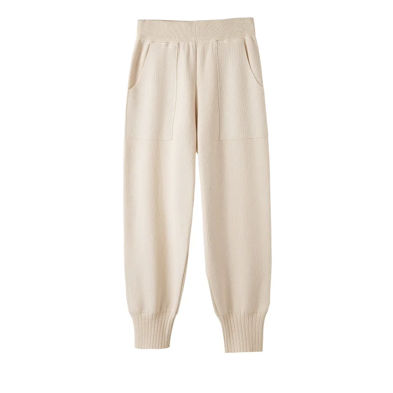 

Solid Big Pockets High Waist Women Loose Knitted Elastic Trousers Winter Korean Style Casual Cotton Fashion Pants Pantalon 11805