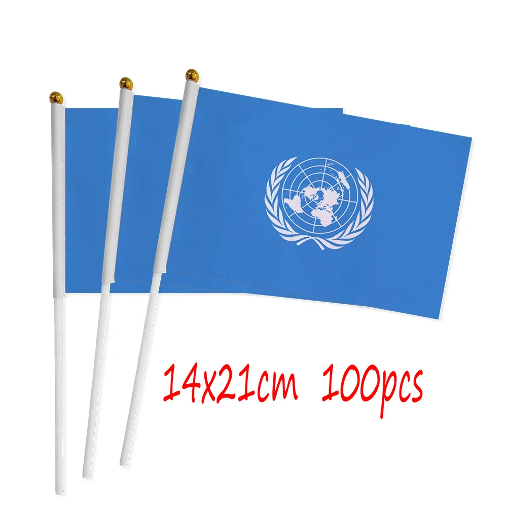 

ZXZ UN hand Flag 100pcs 14*21cm Polyester Double Side Printing UN United Nations Hand waving Flag with plastic flagpole