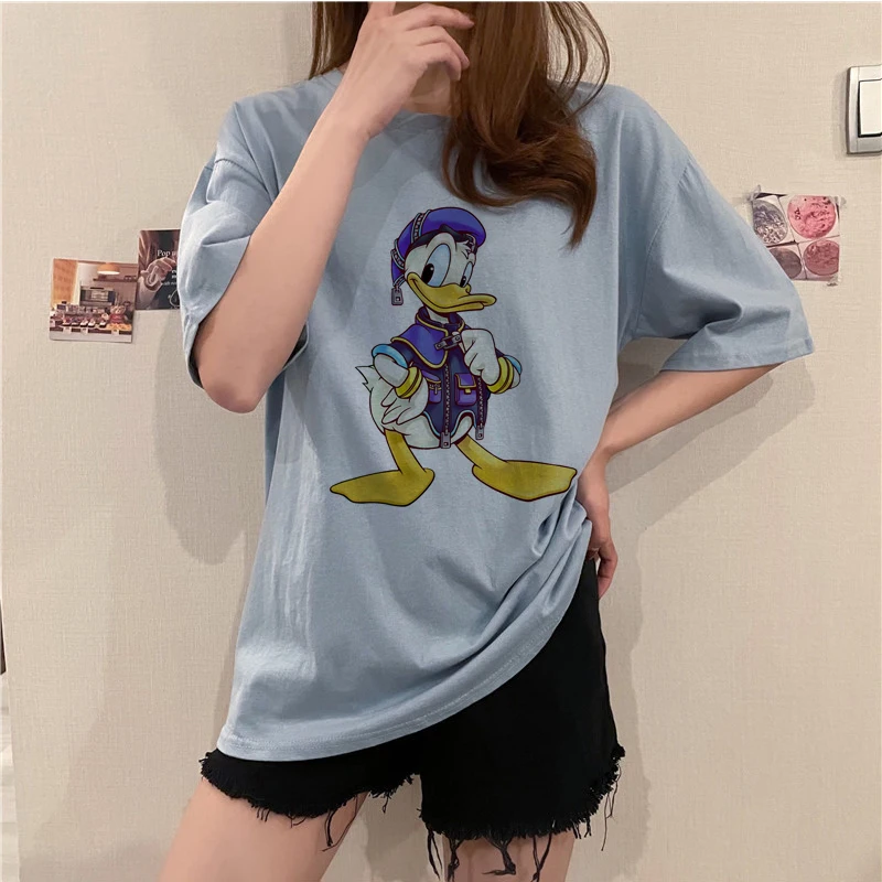 

Disney Summer Women Simple Solid Neck Cotton Match Basic Christmas T-Shirt Short Sleeve Mickey Mouse And Donald Duck Y2K Cartoon