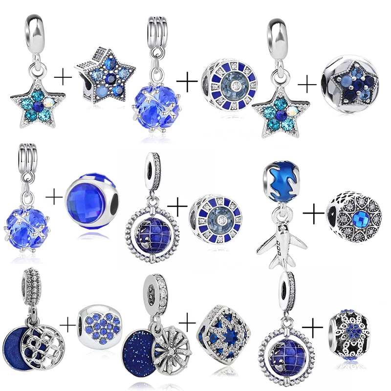2 шт./лот серебряный синий Луна и звезда подвески бусины подходят для