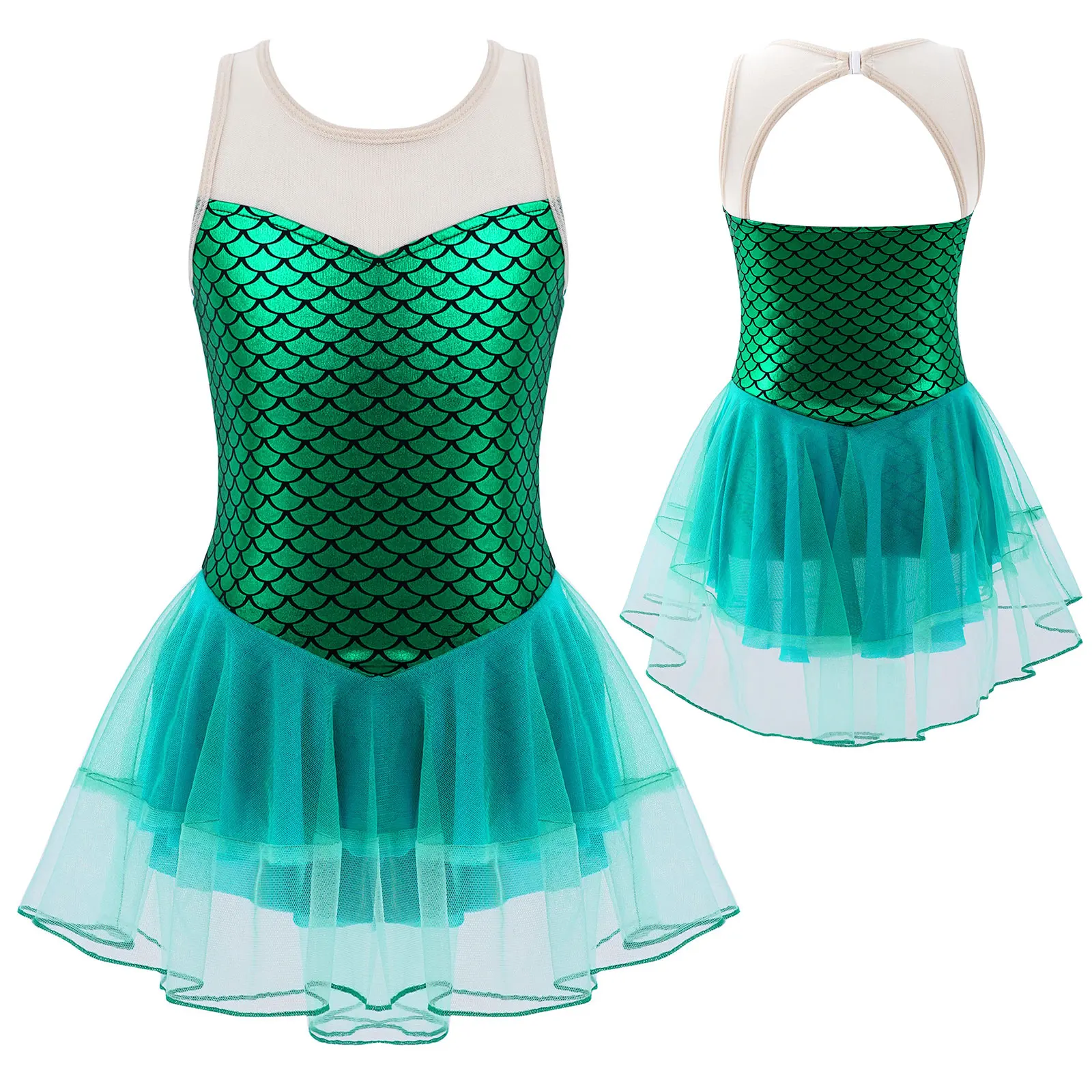 

Kids Girls Dance Leotard Sleeveless Fish Scales Print Open Back Buckle Closure Back Layered Children Green Mesh Hem Dress