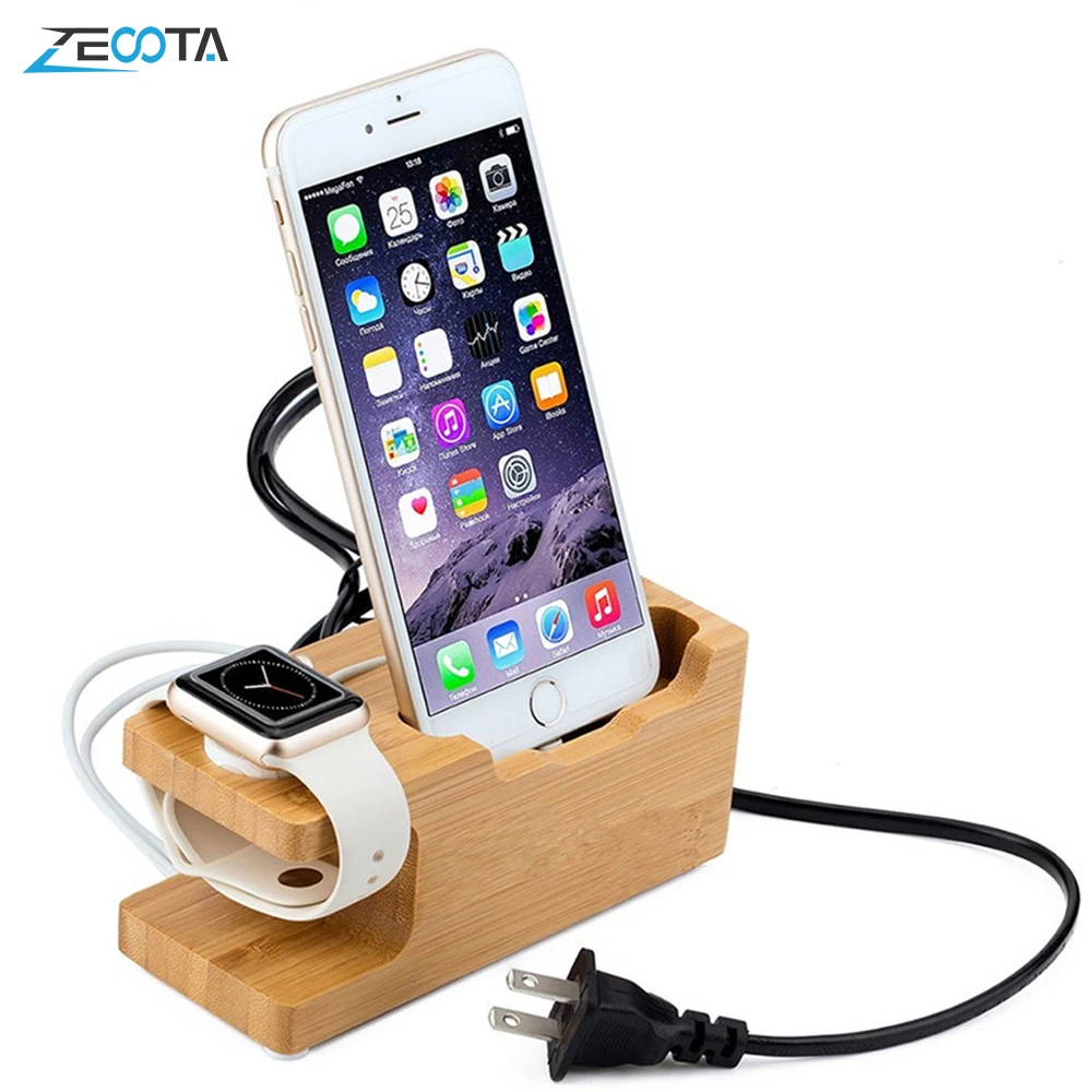 Мульти док-станция для зарядки с USB из бамбука и дерева 3 Порты USB кабель для мобильного телефона для Зарядное устройство Держатель для Apple Watch iPhone X/8/8 Plus/7 Plus