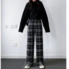 Брюки женские повседневные с завышенной талией, Модные Узкие свободные прямые штаны в стиле ретро, брюки с широкими штанинами в черно-белую клетку, на лето