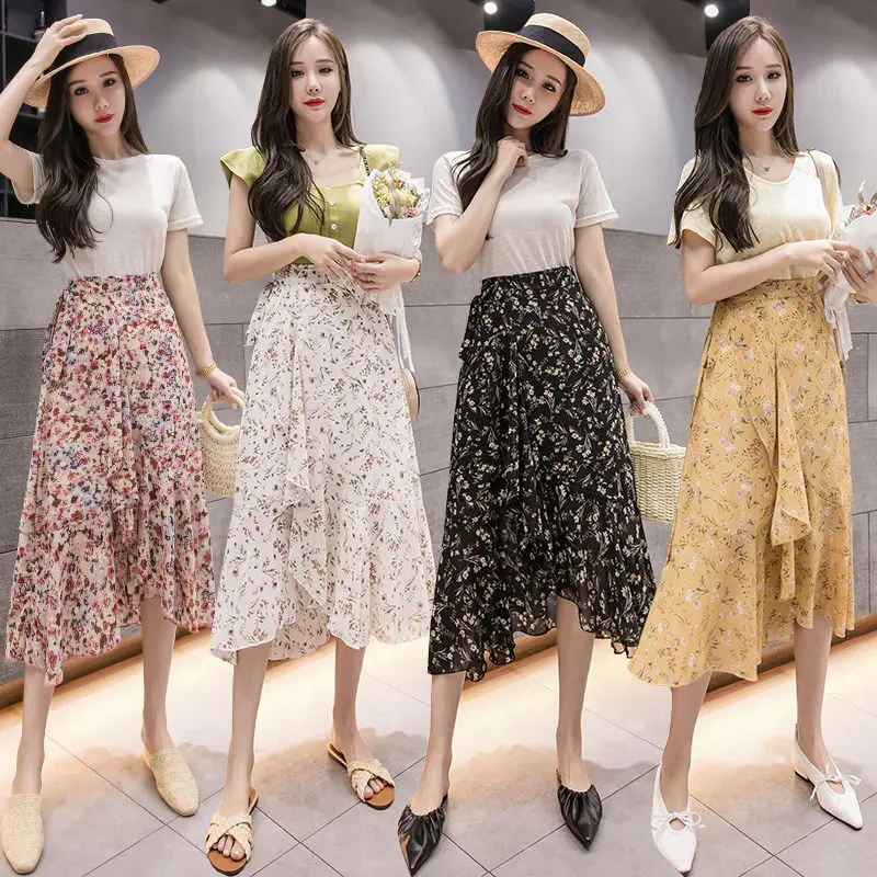 Женская юбка с оборкой летняя шифоновая высокой талией и цветочным принтом