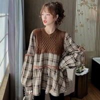 2293 autumn chic ins fashion knitted sweaters patchwork plaid cotton maternity blouse large size loose shirt for pregnant women