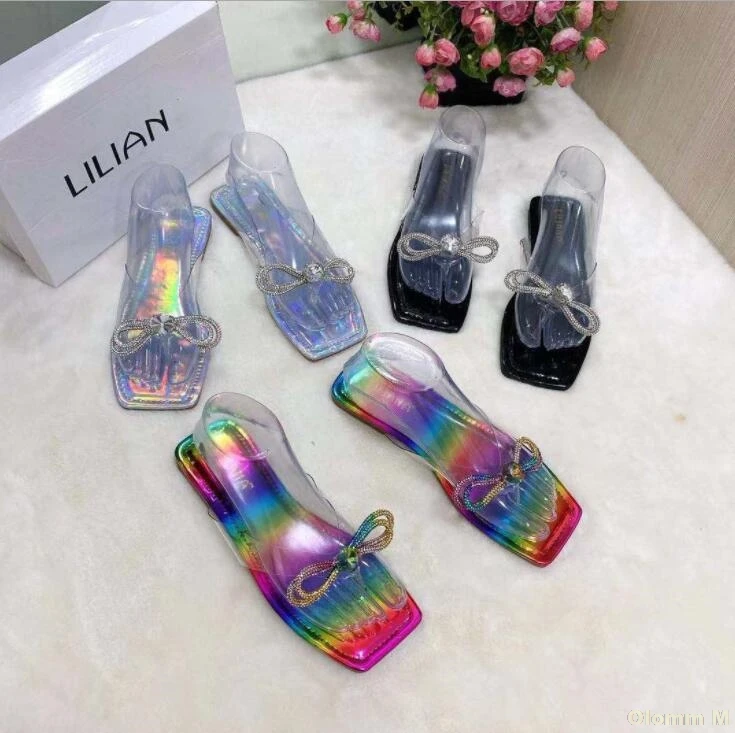 

2021 summer women new colorful rhinestone bow candy color all-match slippers outdoor beach sandals at home flip flop