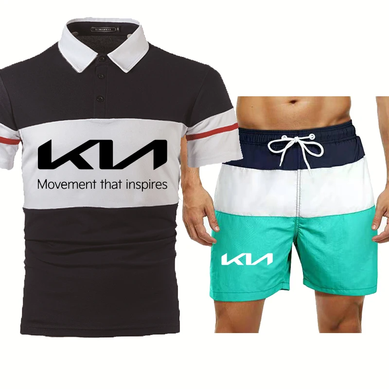 

Summer Men's suits NEW KIA Car Logo Printed High Quality Cotton Fashion casual Splicing Men's short sleeve+shorts 2-piece set