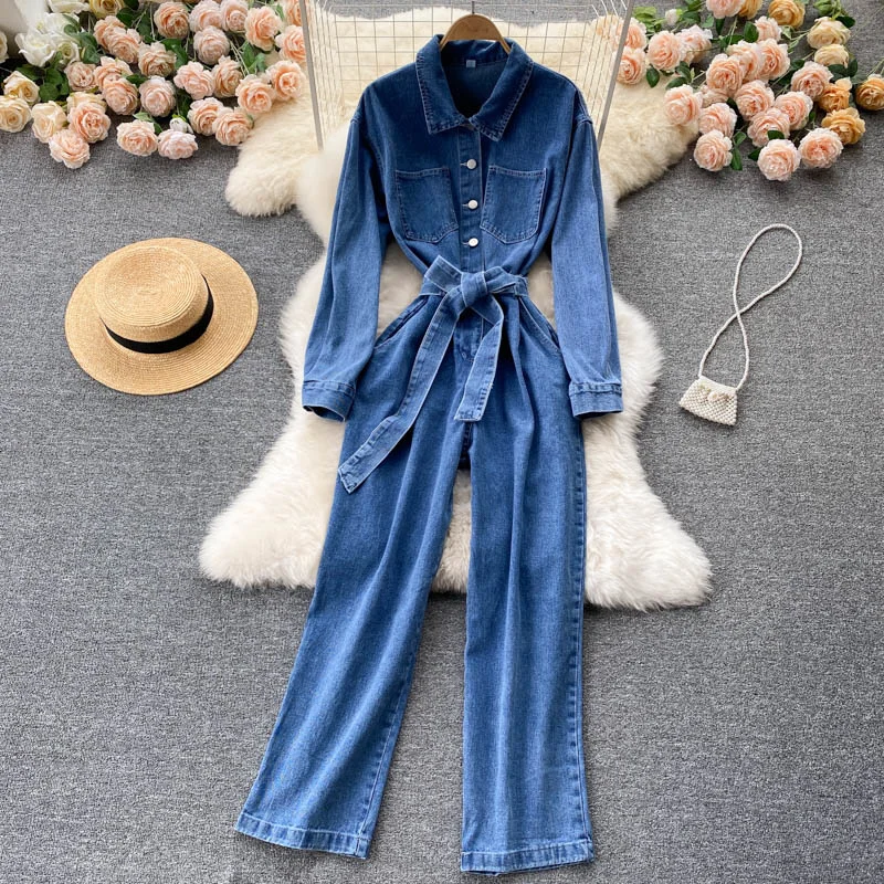 

Fashion Women Denim Jumpsuit 2021 New Autumn Turn down Collar Long Sleeve Button up Sash Lace-up Full Length Casual Overalls