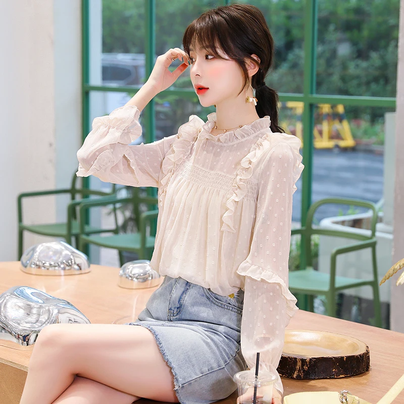 #2052 бежевая прозрачная блузка Женская пикантная Повседневная шифоновая с