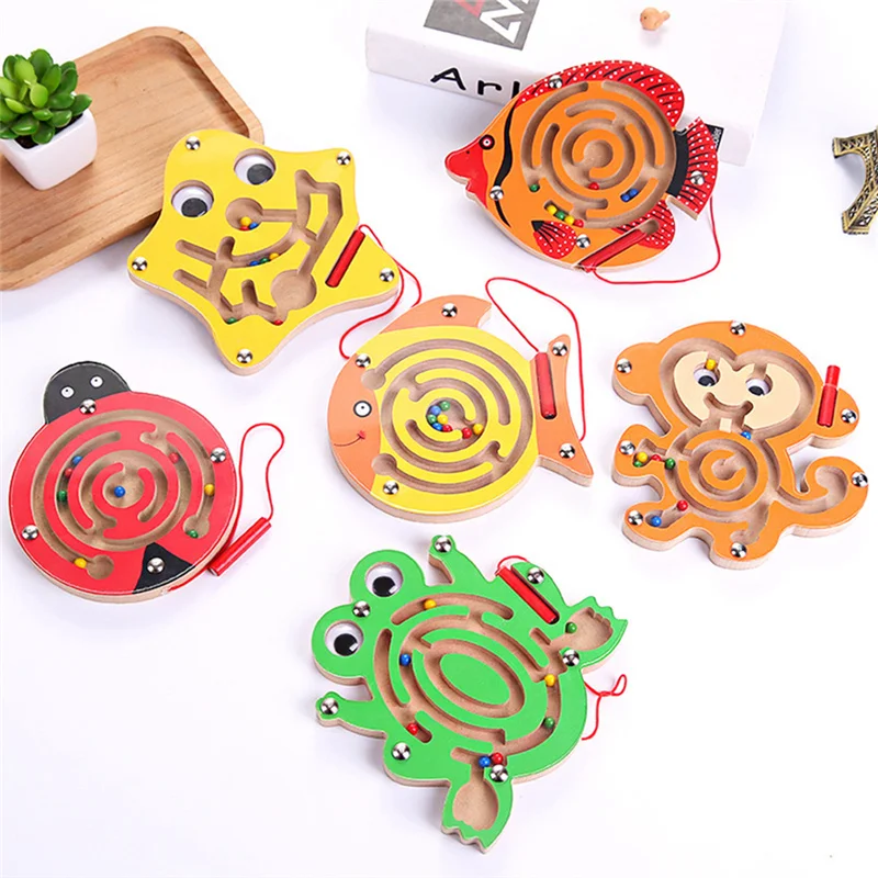 

Cartoon Animal Maze Magnetic Pen Puzzle Board Kids Montessori Educational Wooden Toys For Children Brain Teaser Balance Game