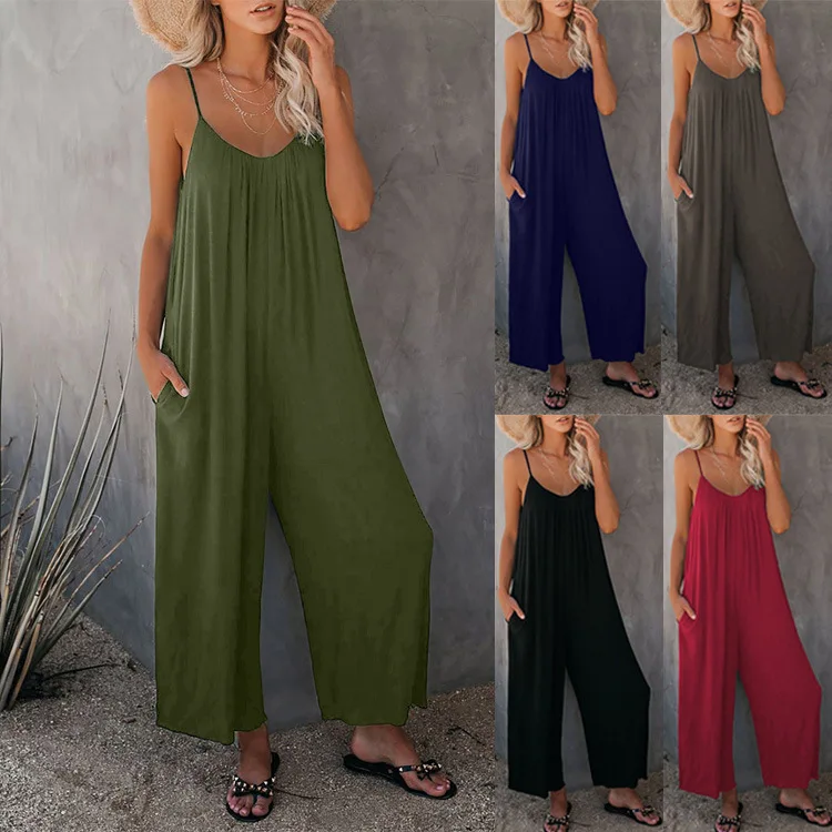 FNOCE Cross-border Foreign Trade Sling Jumpsuit Women Summer New Style Solid Color...