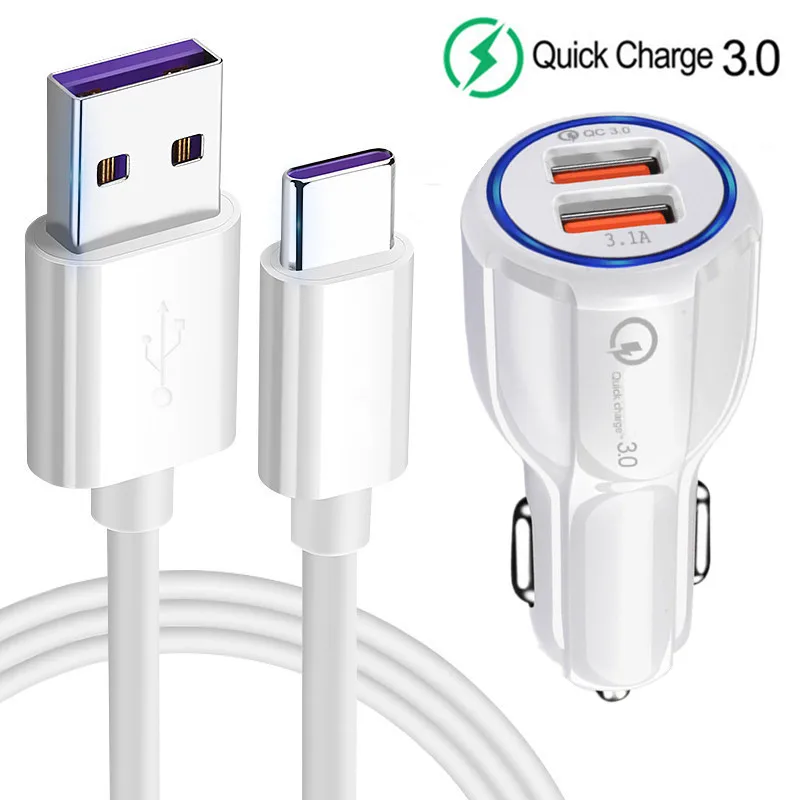 Quick Charge QC 3.0 Car Charger USB adapter 5A Type C Cable For Huawei Honor 30i 20 9X Xiaomi 11T Redmi 10 Note 9 ZTE Nubia Z17