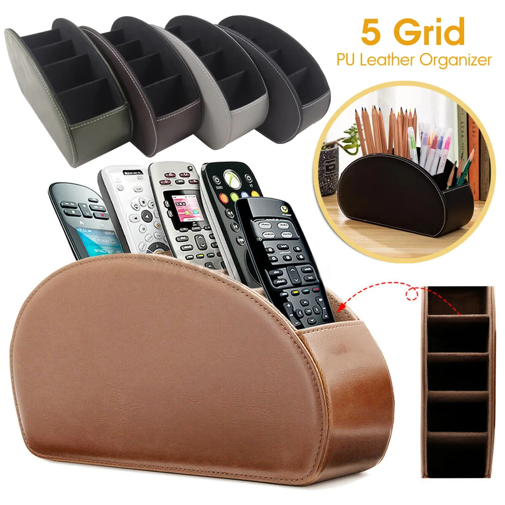 

New Arrival 5 Grid Pu Leather Desktop Organizer Pen Remote Control Phone And Tv Holder Desk Storage Box Office Home Stationery
