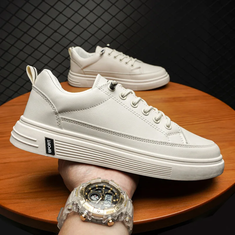 Trendy Men's Casual Board Shoes All-Match PU White Shoes Non-Slip Wear Resistant Pilot Sneakers Comfortable Walking Footwear