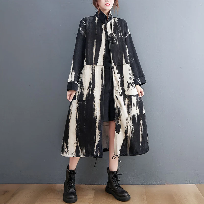 

2021 Autumn Winter Oversized Turtleneck Long Trench Coat For Women Drawstring Casual Loose Vintage Print Outerwear Cardigan