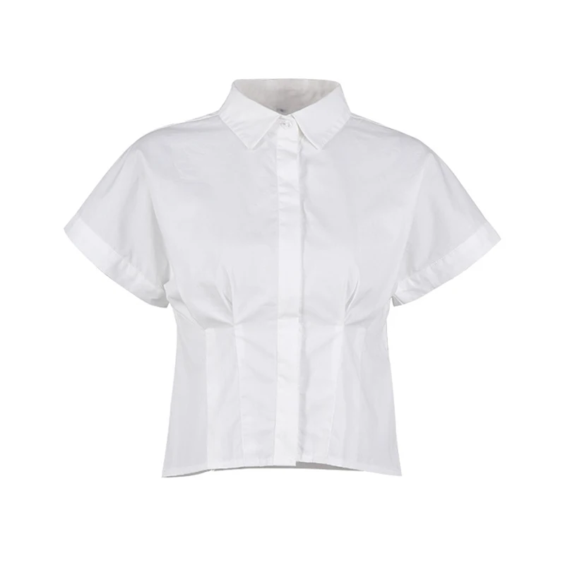 

CARESHESS 2021 Fashion Ladies Bat-sleeve Lapel All-match Solid Color Shirt Tops Spring and Summer Waist Slim Short-sleeved Top