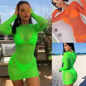 Накидка женская сетчатая прозрачная, пикантная Пляжная накидка, Топ с длинным рукавом, накидка в бикини, кафтан, короткое платье, женский купальник