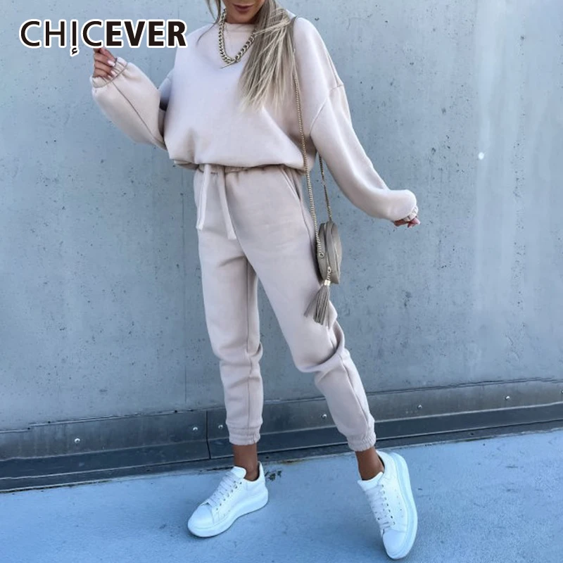 

CHICEVER повседневный комплект из двух предметов для женщин, круглый вырез, свободный свитер с длинными рукавами, простые длинные штаны для жен...