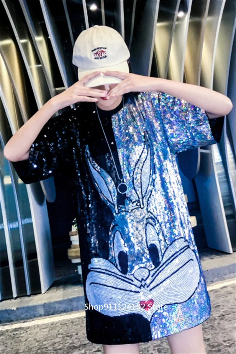 

Heavy Industry Color Matching Sequined Top Women's Summer 2021 New Korean Version Of The Loose Lower Body Cartoon Thin T-shirt