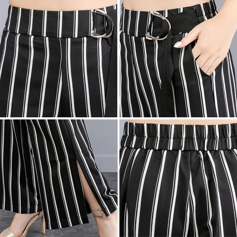 

Summer Side Split Fork Stripe Wide Leg Pants Women Office Lady Loose High Waist Straight Leg Pants Lace-Up Work Trousers