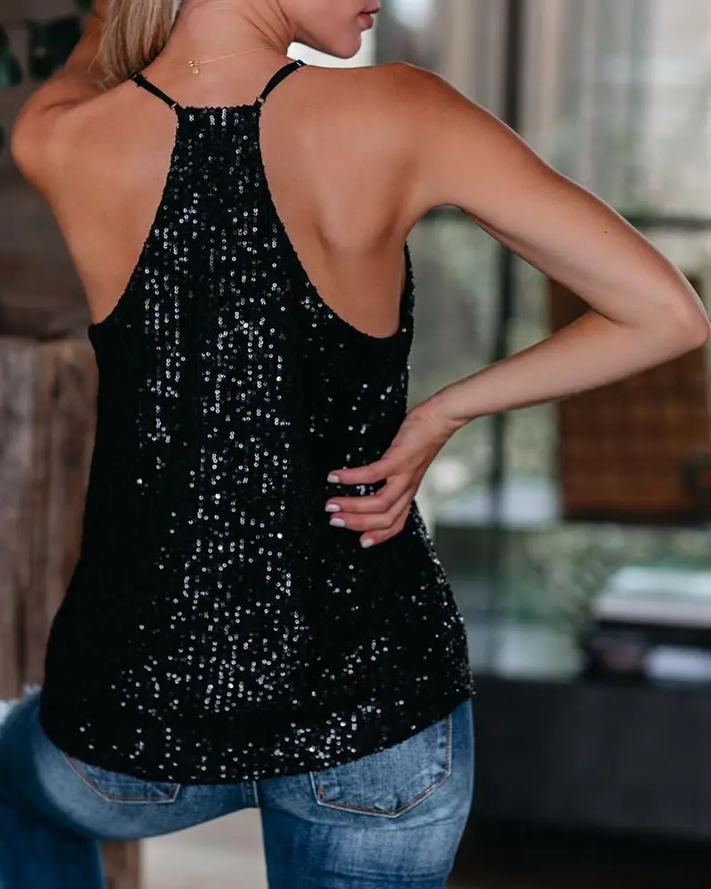 

Sequined Spaghetti Strap Tank Top Women 2021 Summer Sexy V-Neck Sleeveless Tank Tops Female Casual Loose Black Top Streetwear