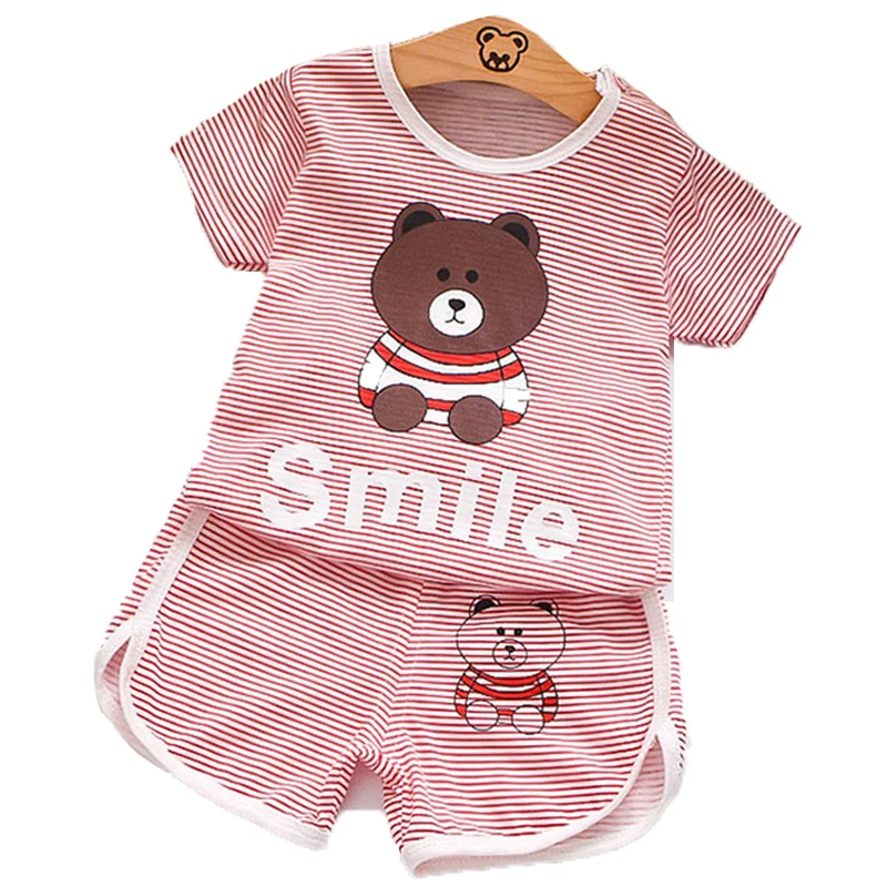 

Summer Girl Pink Bear T-shirt Clothes Set Short Sleeve For Kid Striped Romper Tops Cartoon Children Boy Short Pants Suit Outfits