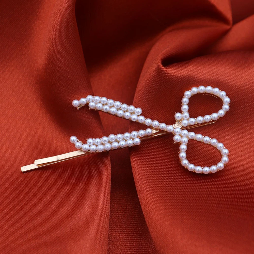 

Creative Scissor Rhinestone Pearl Hairpin Gold Silver Glitter Side Clip Women Fashion Personality Hair Clip Headwear