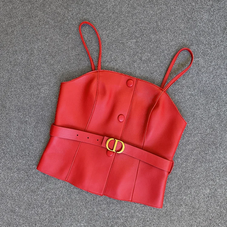 2022 Spring New Style Leather Jacket, Leather Sheep Skin, Fashion Vest, Metal Belt, Sleeveless Sling E1