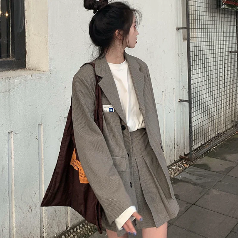 

Женские комплекты из 2 предметов в клетку в стиле ретро Harajuku весеннее однобортное пальто с длинным Рукавом Плиссированное женское блестящее студенческое Ulzzang для отдыха
