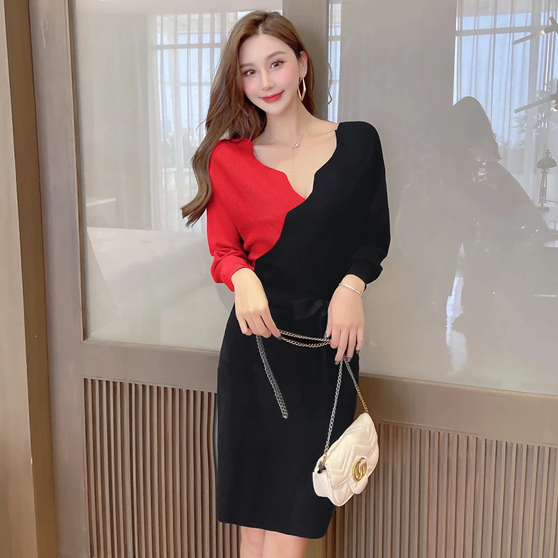

Knitted Patchwork Sweater Dresses Women's V-Neck Full Batwing Sleeve Mini Sheath Sexy Dress With Slash