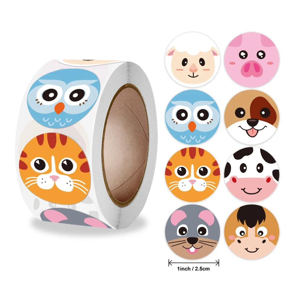 

500pcs 1 Inch Cute Animal Face Stickers for Children Student Gift Box Tag Label Stationery Envelope Handbag Toy Decor