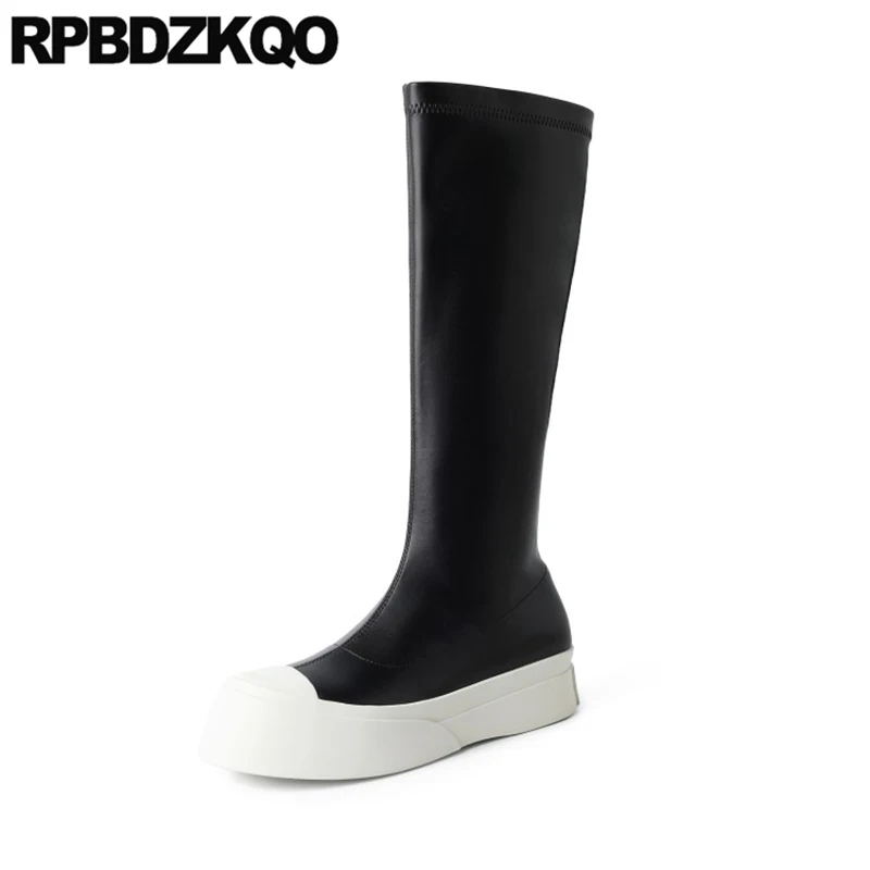 Женские ботильоны на плоской подошве до колена с круглым носком | Обувь