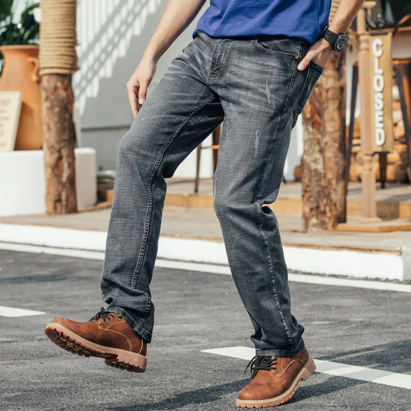 Spring and Autumn Men Straight Breathable Large Size Baggy Jeans Gray Leisure elastic Denim Pants Male Hiphop Skateboarder Jeans