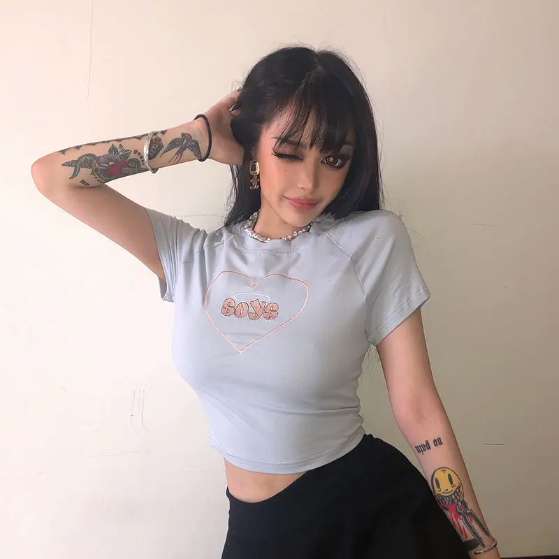 90s E-girl Y2K Love футболка с графическим принтом Kawaii летний винтажный топ короткими