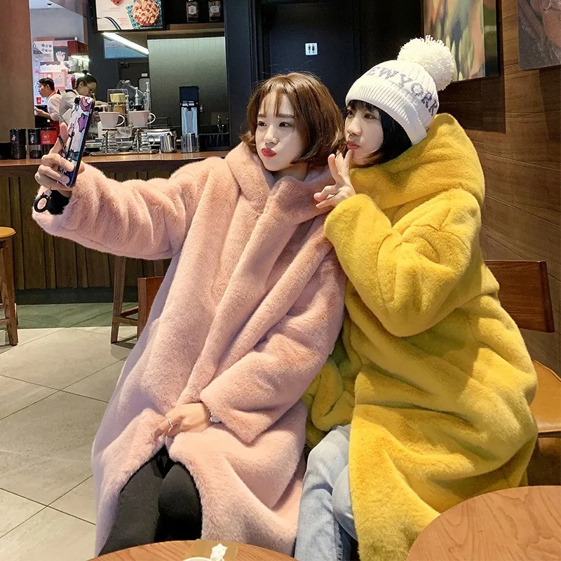 

Brand New Winter Medium Length Womens Hooded Overcoats Harajuku Long Sleeve Single Breasted Female Warm Thick Faux Fur Coats