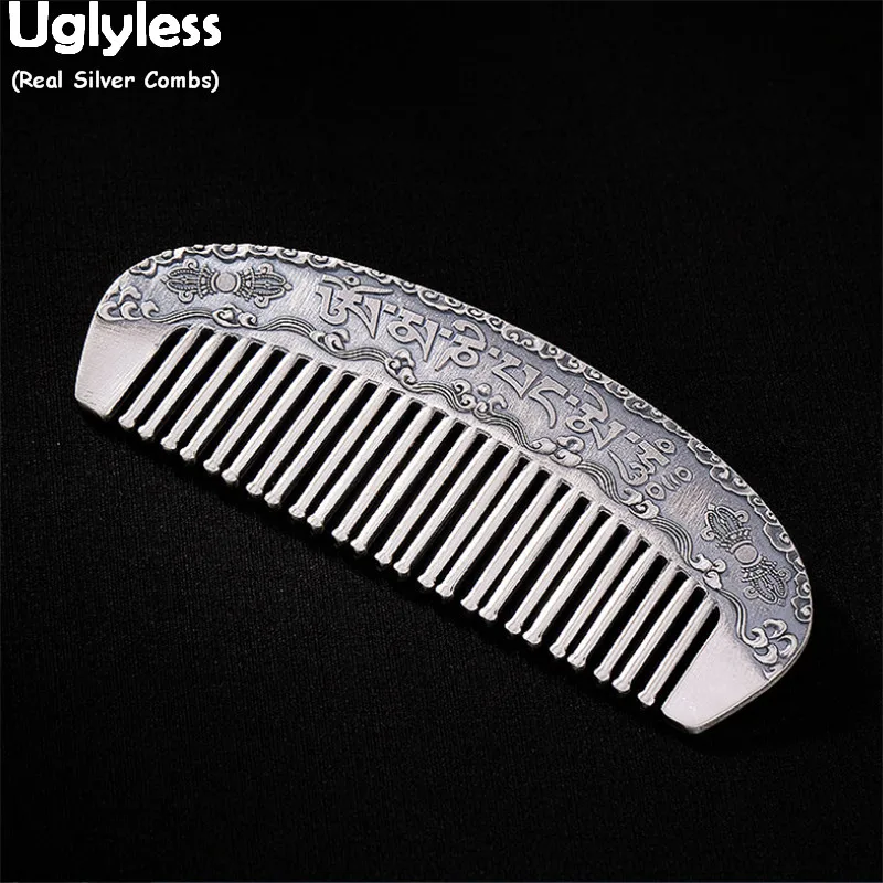 

Uglyless Solid 999 Pure Silver Hair Combs Women Buddhism 6-Words Mantra Gift Chinese FU Best Wishes Hair Decorations Thai Silver