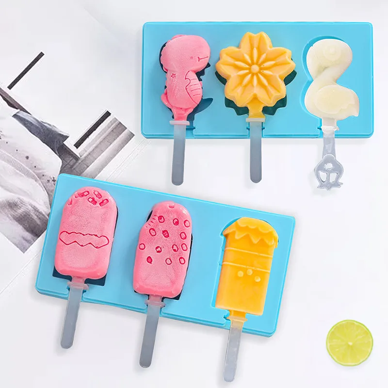 

3Cell Silicone Ice Cream Mold DIY Freezer Juice Ice Tray Homemade Fruit Popsicle Mould With Lid Animal Shape Jelly Dessert Maker