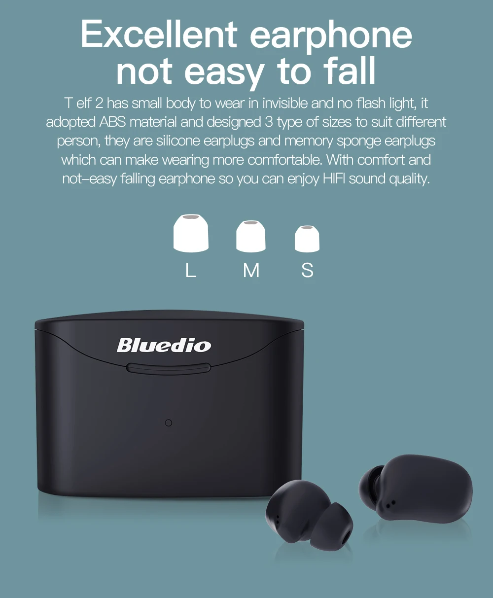 Bluedio wireless bluetooth earphone for phone T-elf 2 TWS stereo sport earbuds headset with charging box built-in microphone