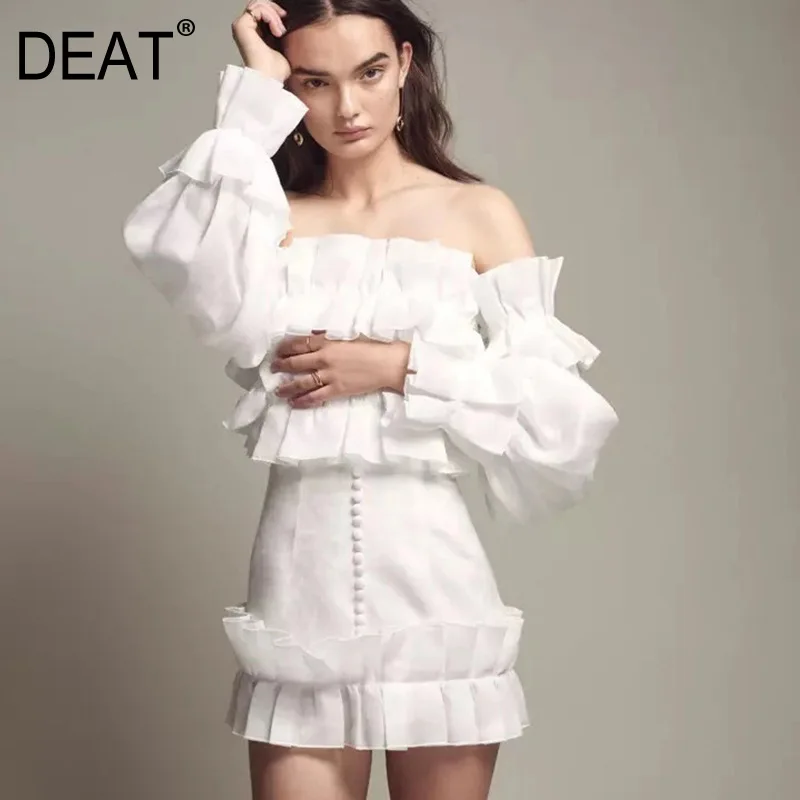 Женский пуловер с рукавами фонариками DEAT летнее платье мини оборками и