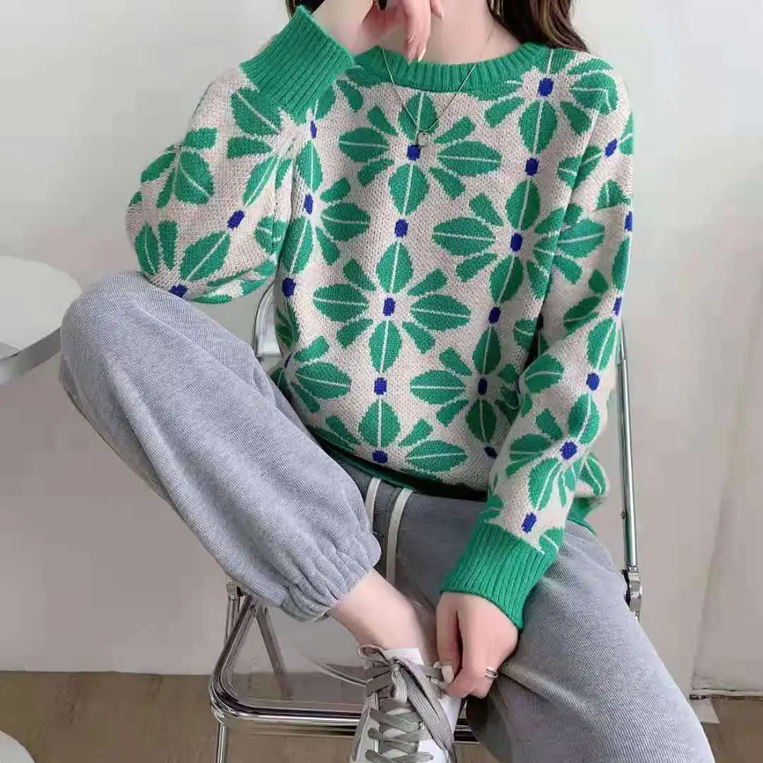 

Женский винтажный Жаккардовый трикотажный топ, СВОБОДНЫЙ Модный контрастный жаккардовый свитер с круглым вырезом внутри, Новинка осени-зимы 2021