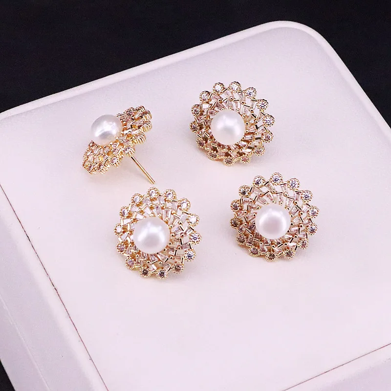 

8Pairs CZ Micro Pave Flower Mother-of-Pearl Shell Stud Earrings Fashion Elegant Jewelry Gift For Women