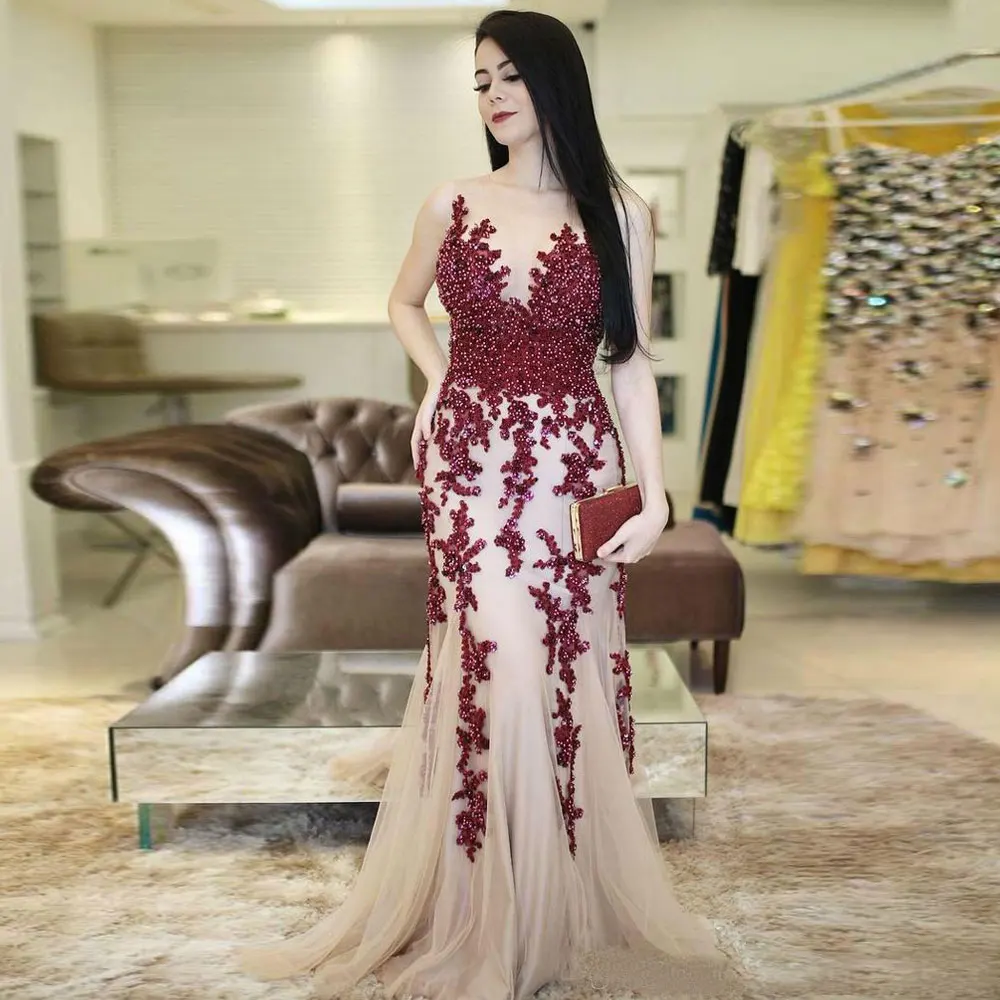

Net/Tulle Beading Party Dresses Applique Button Sleeveless Evening Dresses Sweep/Brush Mermaid / Trumpet Draped Evening Dresses