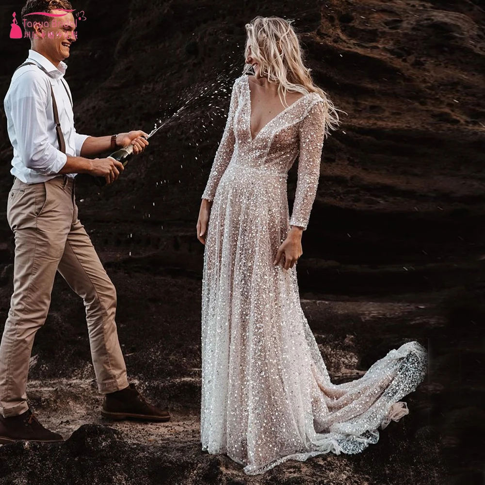 Блестящие Свадебные платья с блестками сексуальные иллюзионные длинным рукавом