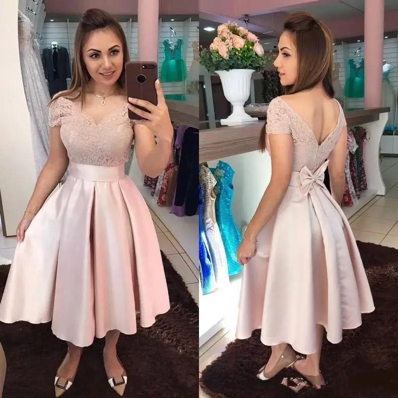 

Classic Blush Pink Short Cocktail Party Dress Knee Length V Neck Bow Back Short Sleeve Prom Dresses Women Girls Homecoming Dress