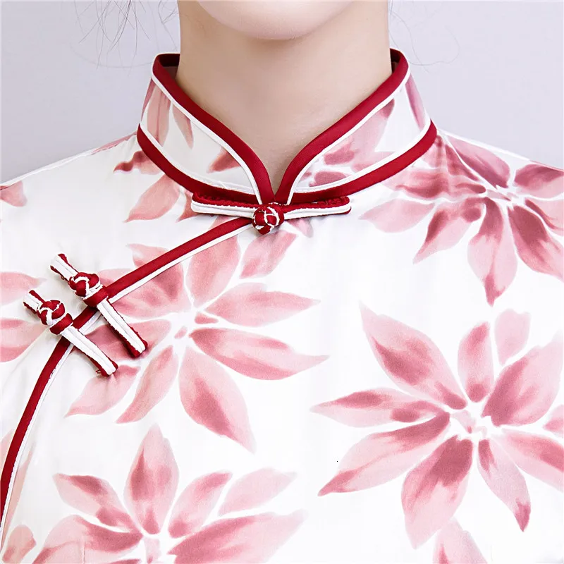 Красное китайское традиционное платье женское шелковое атласное Cheongsam винтажное Ципао летнее платье с коротким рукавом Вечерние Платья с цветочным принтом размера плюс