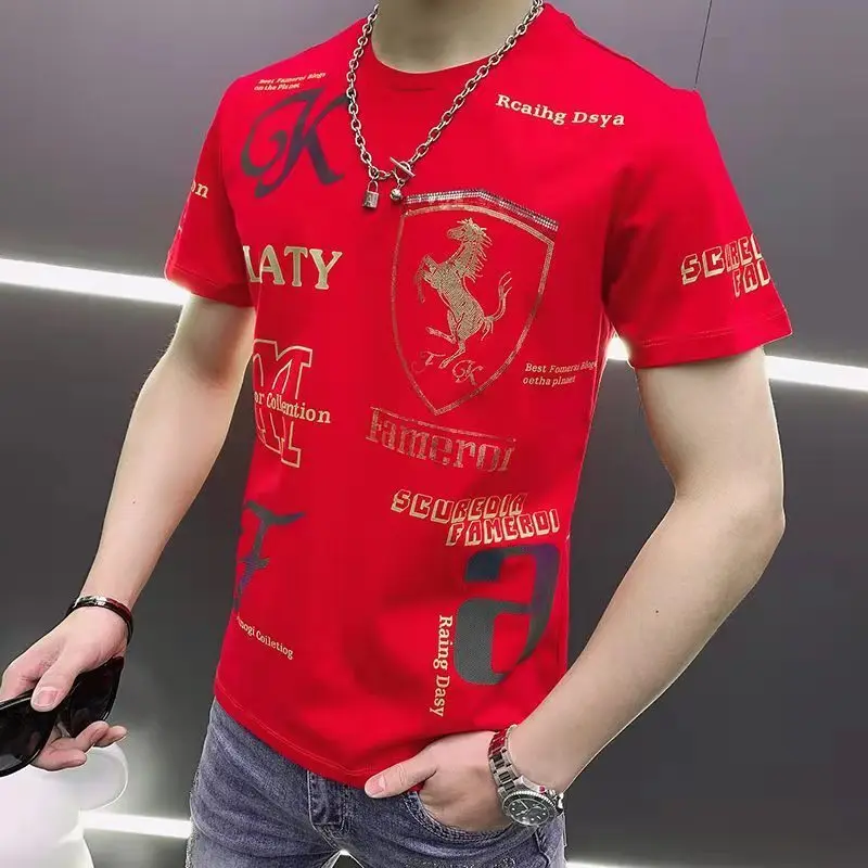 

European Station Summer New Men T-Shirt Tide Brand Round Neck Short-Sleeved Golden Horse Printing Hot Diamond Mercerized Cotton